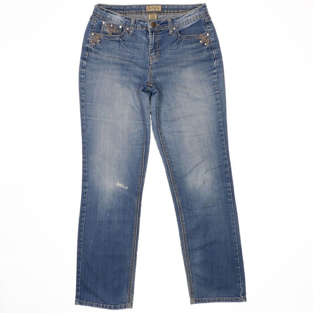 Earl Jeans Womens Size 8 Blue Straight Mid Rise Embellished Measures 31 x 30
